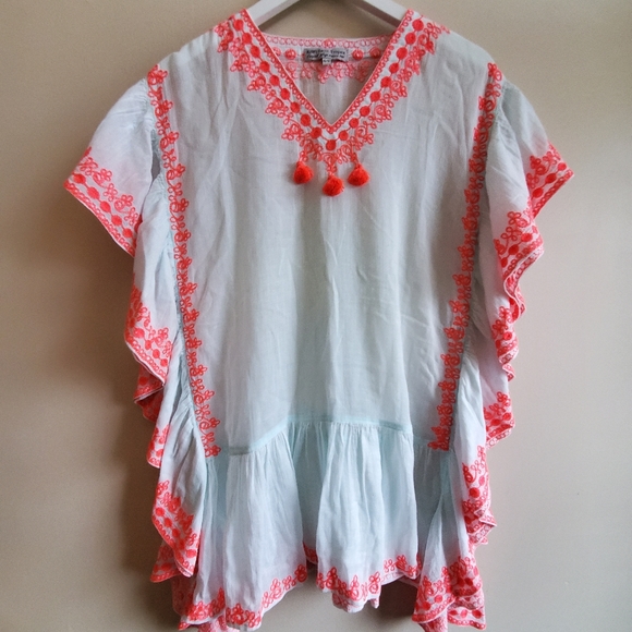 Kiwi Saint Tropez icy blue neon pink embroidery and tassels cover up top S 10 - Picture 1 of 6